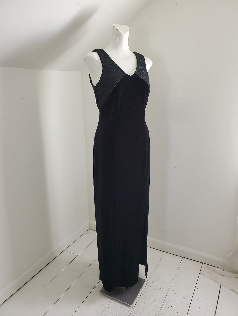 90s Vintage Black Stretch Velvet Pencil Dress Evening Gown Prom - Picture 5 of 10